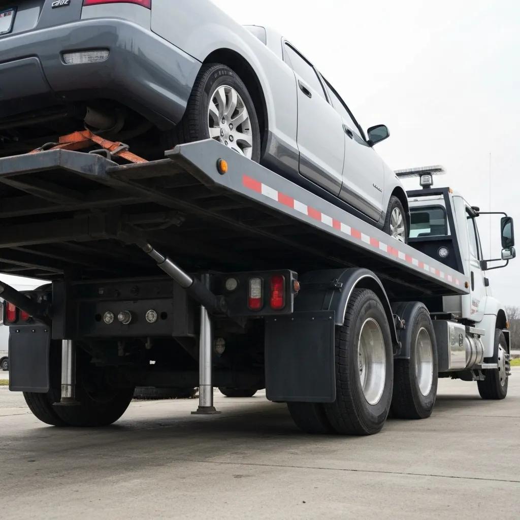 Detailed illustration showing the mechanics of flatbed towing, with a vehicle securely fastened onto the flatbed truck.