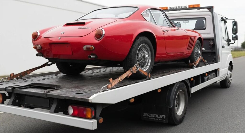 Flatbed tow truck carefully transporting a classic car, highlighting securement methods for safe vehicle transport