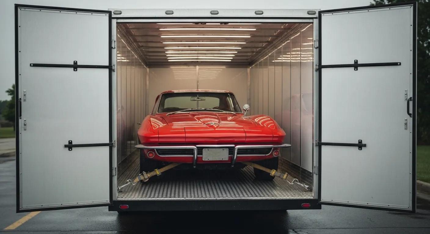 An enclosed flatbed trailer transporting a classic car, illustrating its protection from environmental hazards like rain and debris