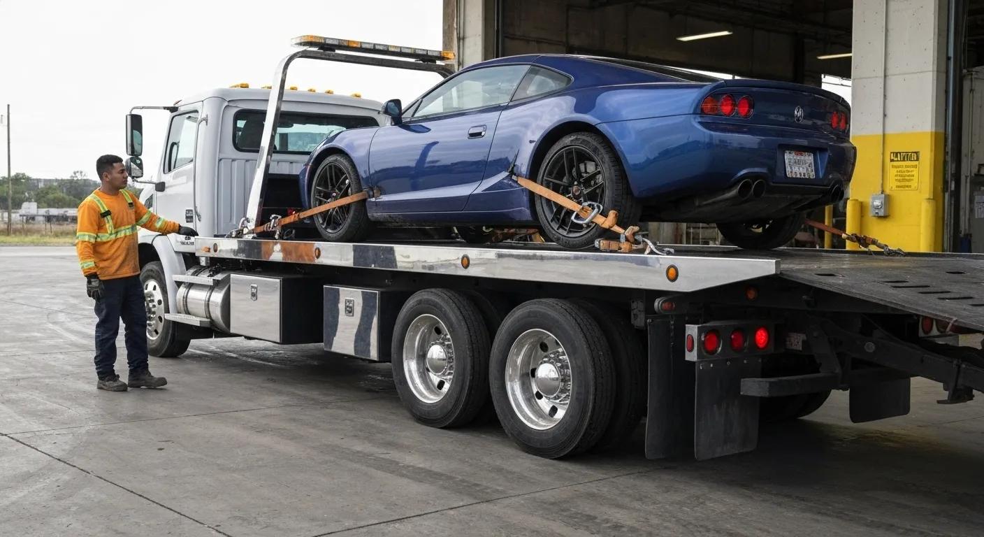 Flatbed tow truck loading a low-clearance vehicle with a spotter guiding the process