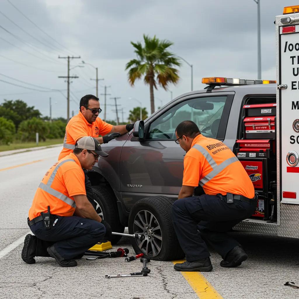 Roadside assistance team helping a motorist with a flat tire in Homestead, FL, illustrating emergency services