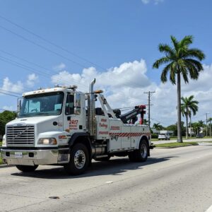 24/7 towing service truck on a busy road in Homestead, FL, emphasizing reliability and urgency