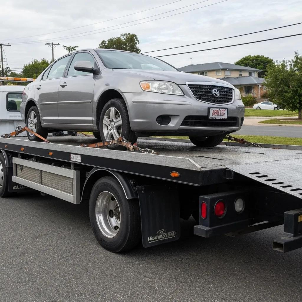 A passenger car securely loaded onto a flatbed tow truck, illustrating the benefits of safe transport