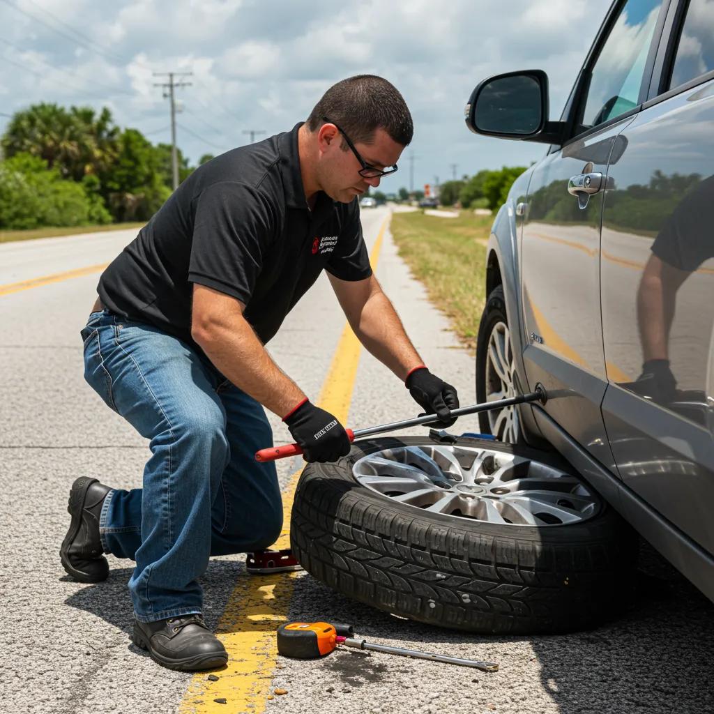 A skilled technician changing a flat tire on the side of a road in Homestead