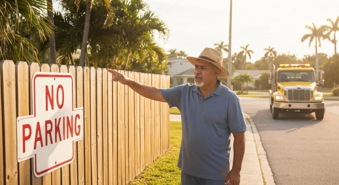 A property owner points to a 'No Parking' sign while a tow truck is visible in the background, highlighting private property towing rules in Homestead FL