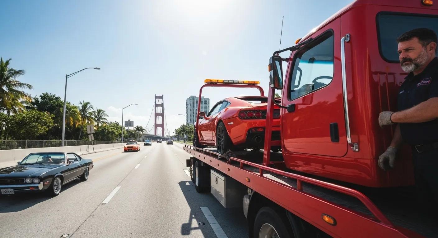 A flatbed tow truck carefully towing a vehicle on a busy Florida road