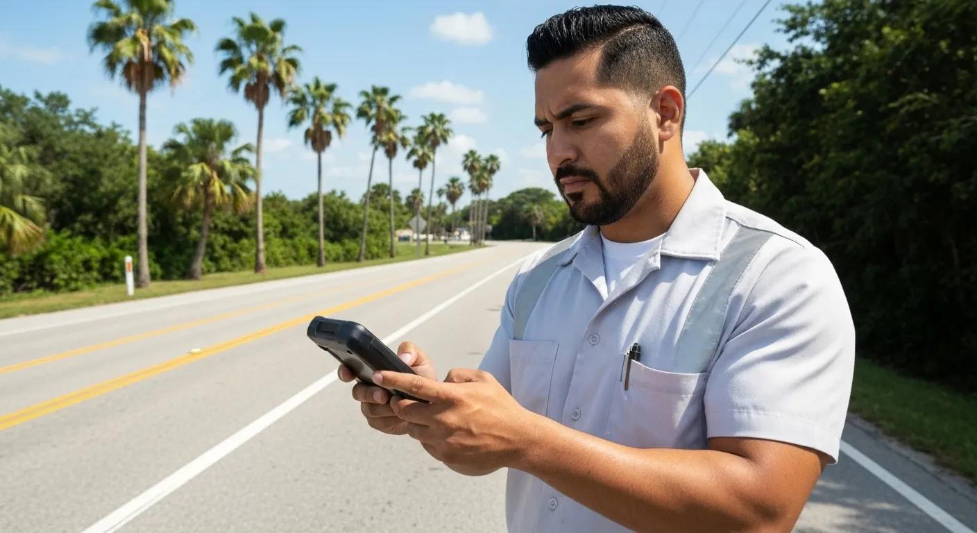Towing technician using GPS to navigate Homestead, FL's local routes, highlighting local expertise
