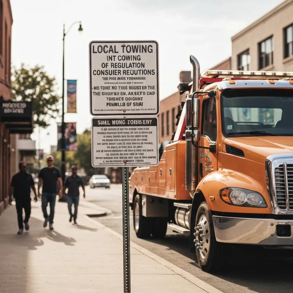 Tow truck parked near a sign indicating local towing regulations, highlighting consumer rights in Homestead