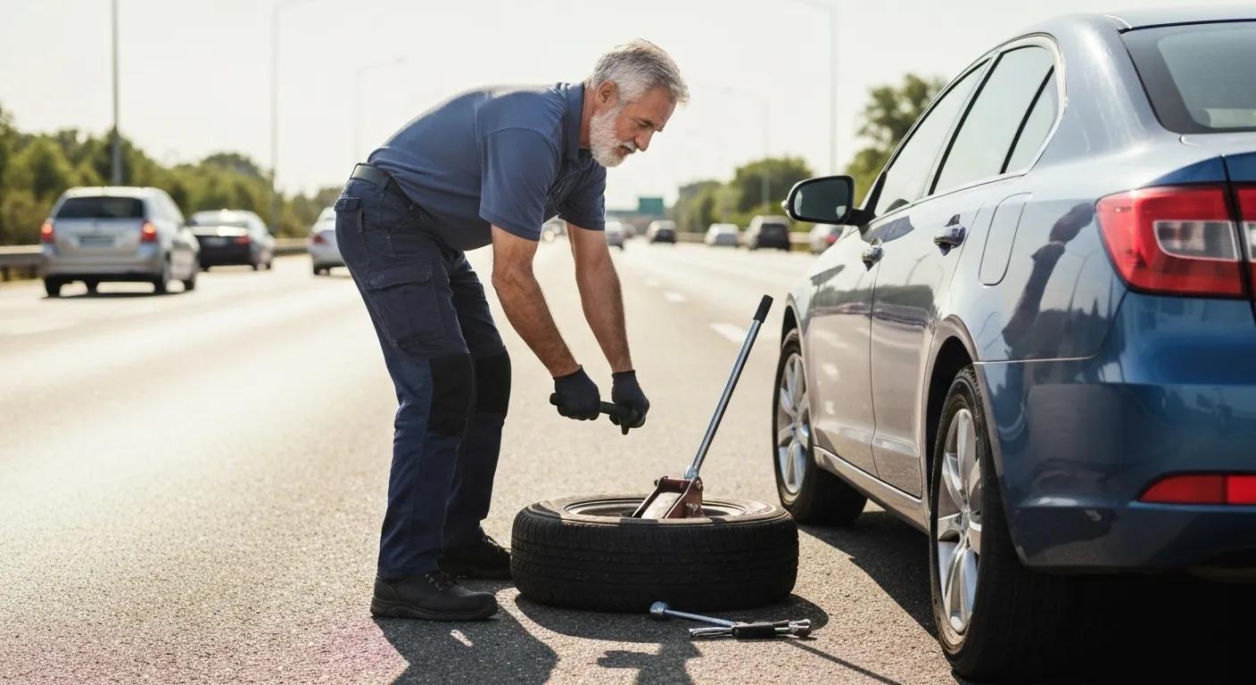Roadside assistance technician changing a flat tire for a driver, illustrating roadside service costs