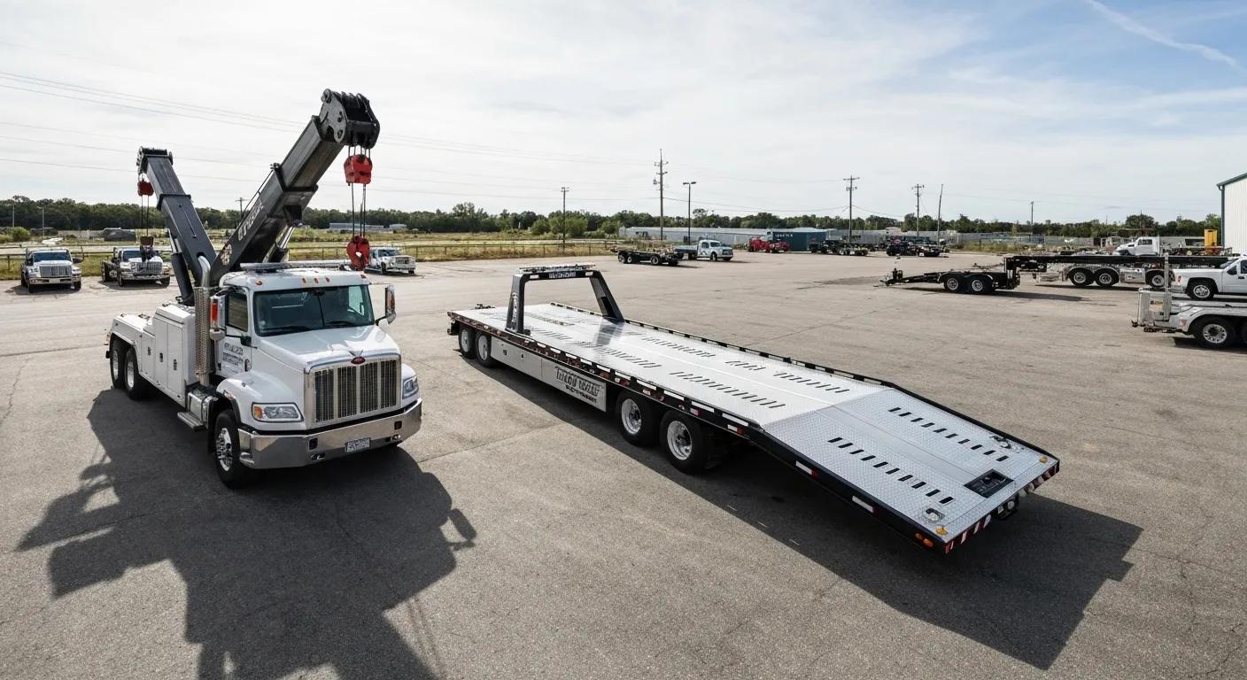 Specialized towing equipment including a rotator wrecker and flatbed trailer in a towing yard
