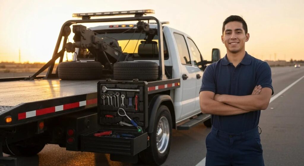 Tow truck equipped with roadside assistance tools, illustrating the range of services provided during emergencies