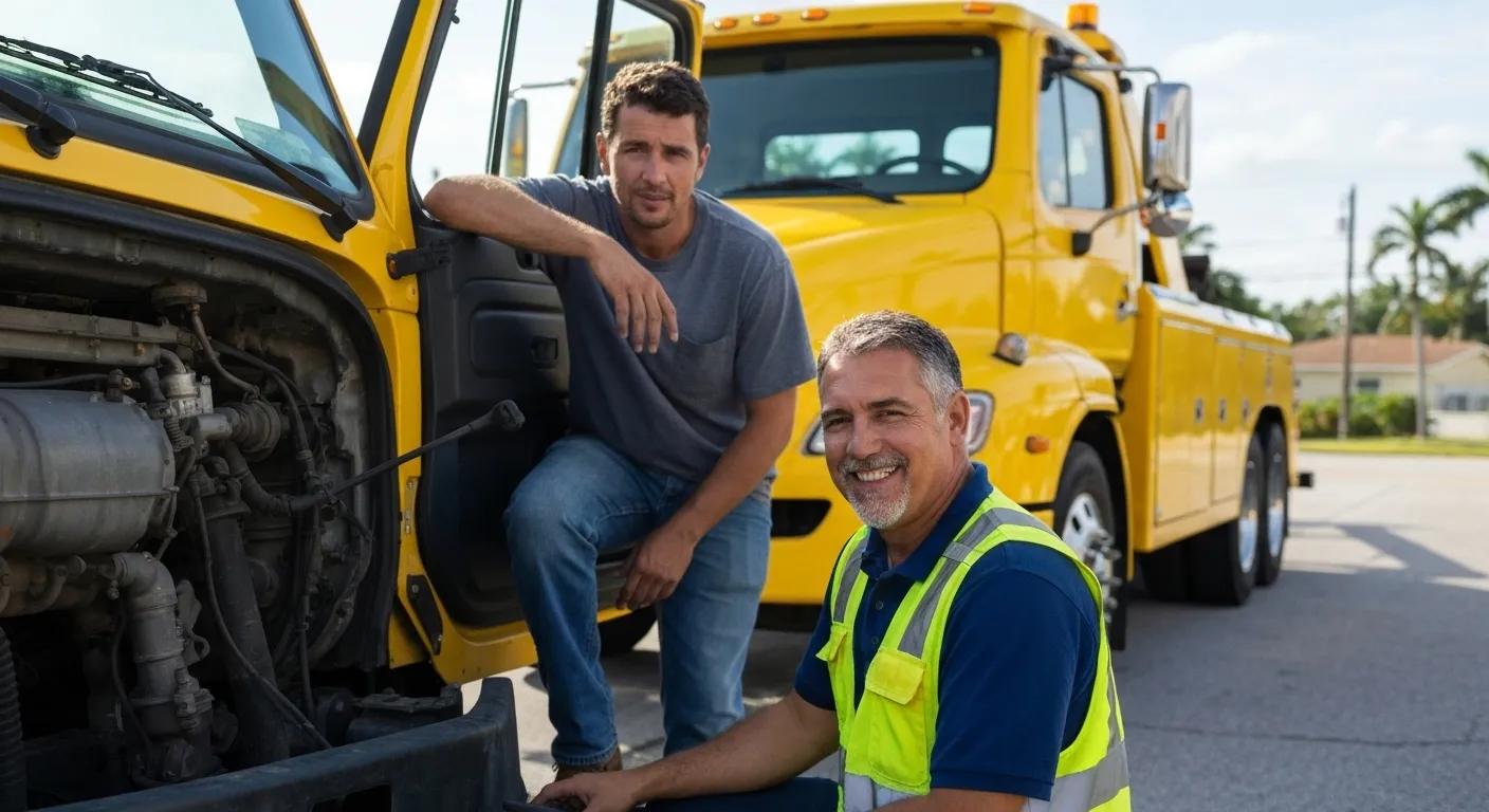 Technician assisting a stranded truck driver with a tow truck in the background in Homestead, FL