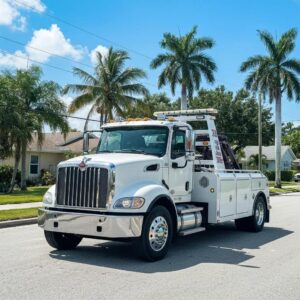 Tow truck assisting a vehicle on a street in Homestead, Florida, highlighting local towing regulations and services