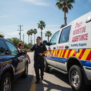 A friendly roadside assistance vehicle assisting a motorist on a sunny Florida road