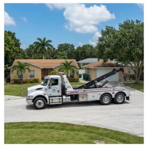 Tow truck assisting a vehicle in a residential area, illustrating towing permit requirements in Homestead FL
