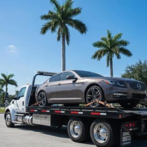Flatbed tow truck transporting a luxury car in Homestead, FL