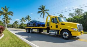 A flatbed tow truck carefully transporting a sleek luxury car along a picturesque road in Homestead, Florida.