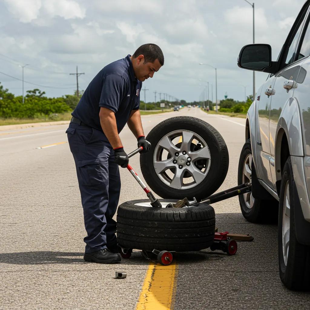 Technician changing a flat tire on the roadside in Homestead, showcasing roadside assistance services