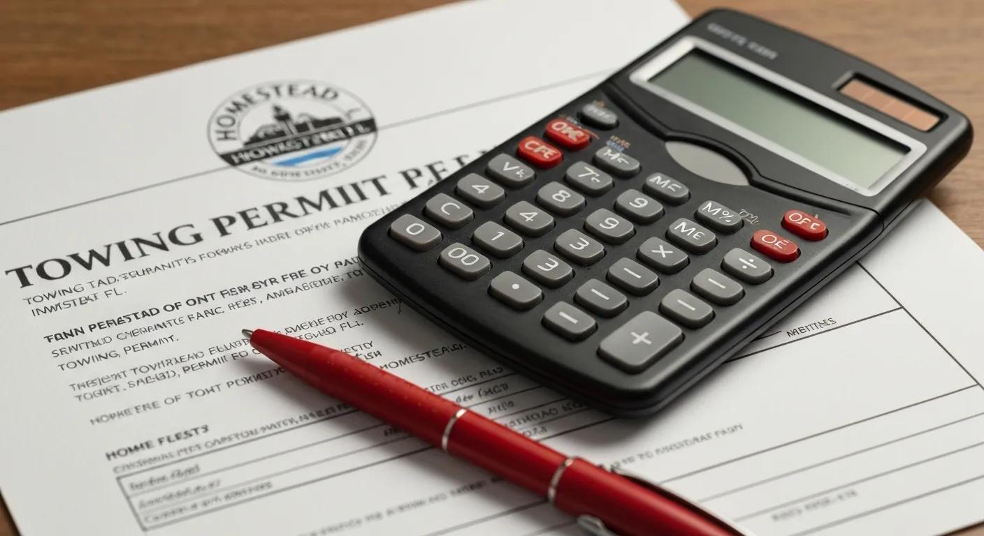 A calculator and pen resting on a towing permit document, illustrating the costs associated with towing permits in Homestead FL