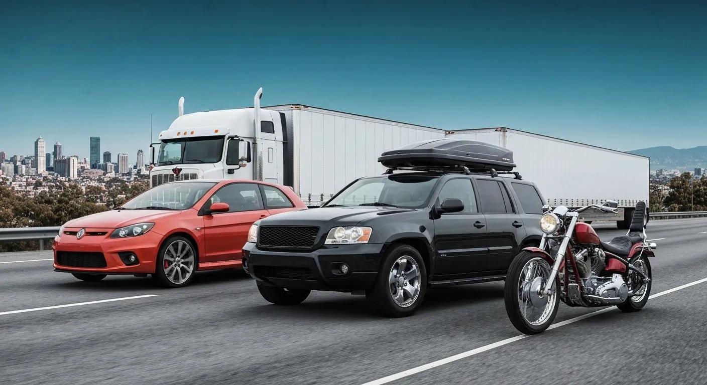 Various vehicles including a car, SUV, and motorcycle, illustrating factors that affect towing costs