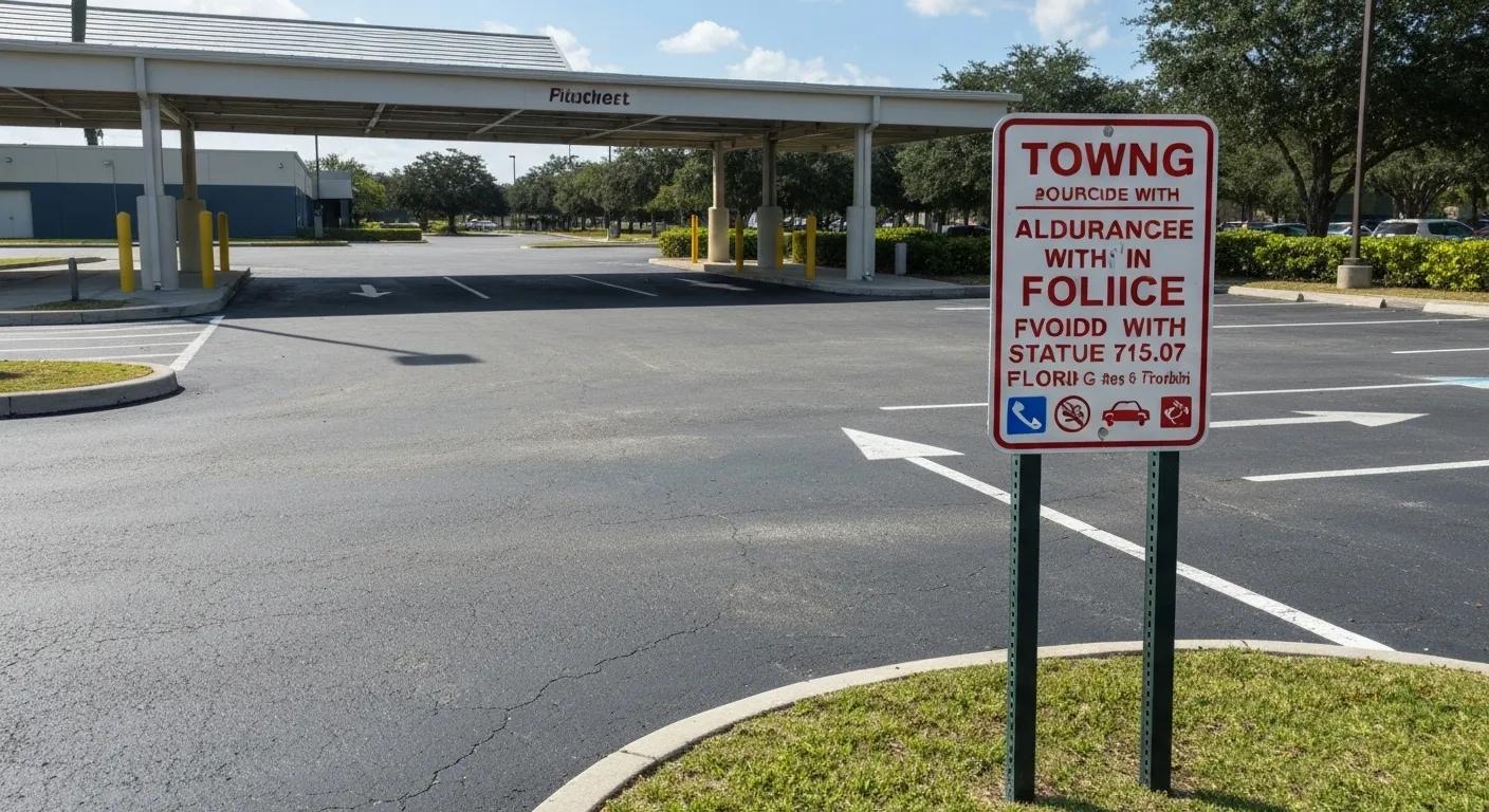 Parking lot entrance with clear signage indicating towing policies, demonstrating compliance with Florida Statute 715.07
