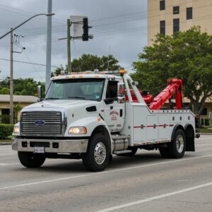 Professional towing truck navigating a busy Homestead, FL street, symbolizing reliable vehicle assistance