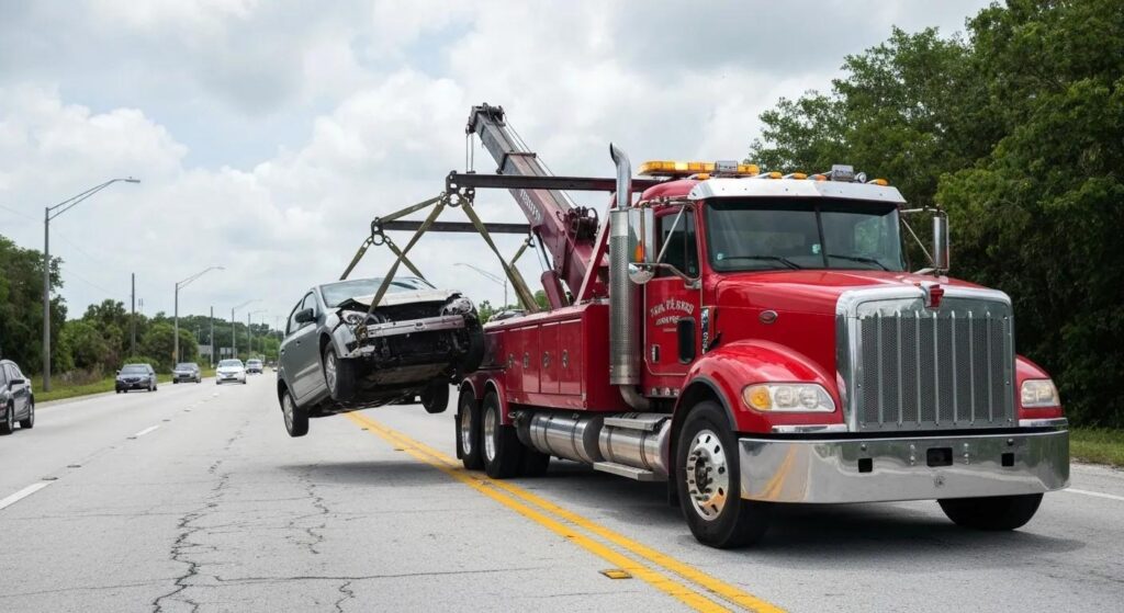 Heavy-duty tow truck lifting a vehicle on a highway in Homestead, FL