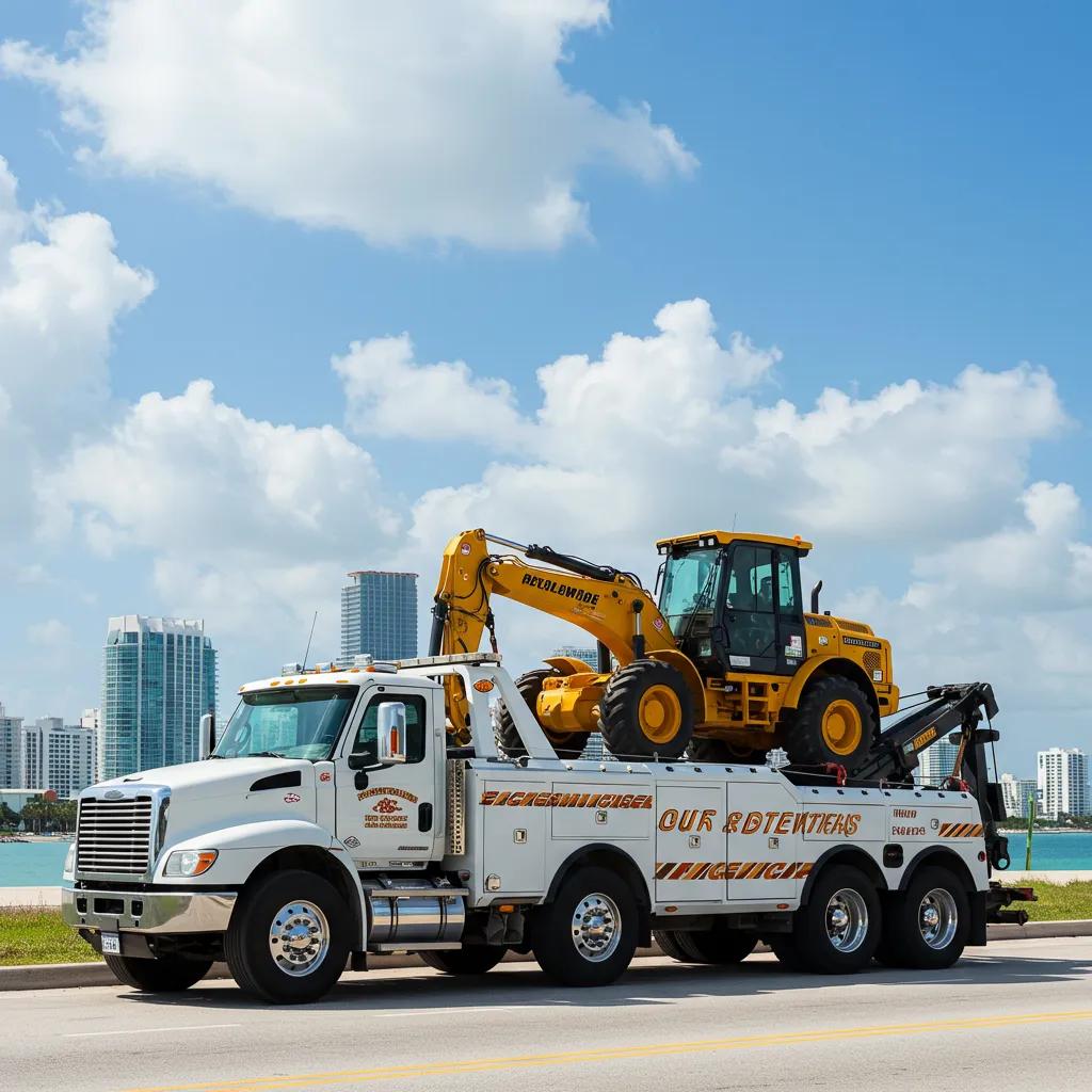 Heavy-duty tow truck lifting a construction vehicle, illustrating towing capabilities in Miami Beach