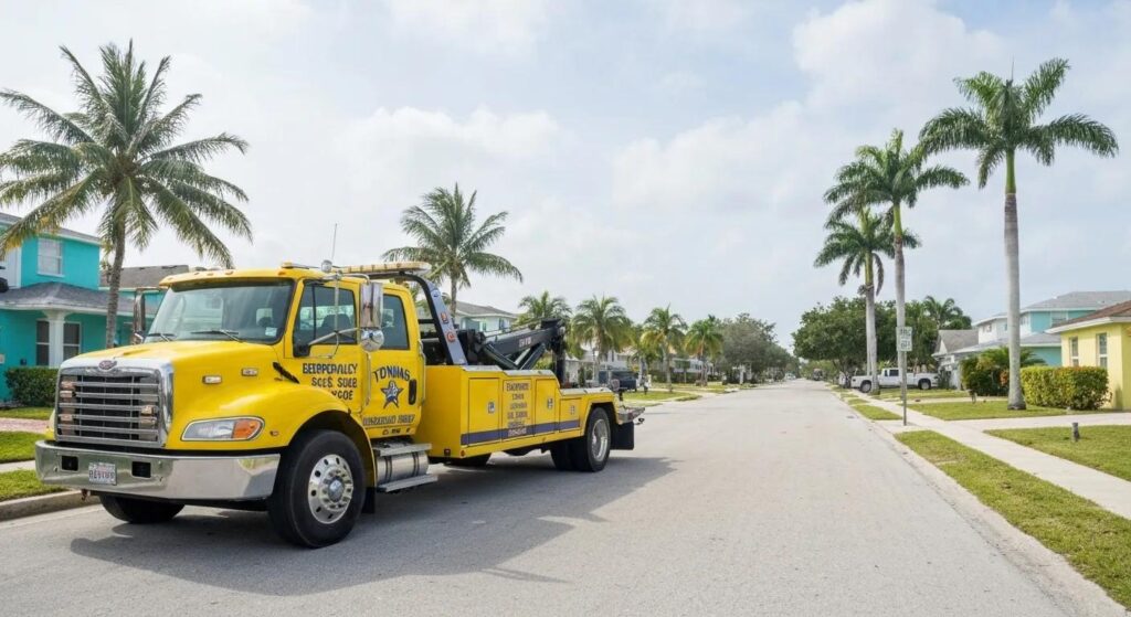Tow truck in Homestead, FL with clear signage representing local towing policies