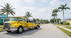 Tow truck in Homestead, FL with clear signage representing local towing policies