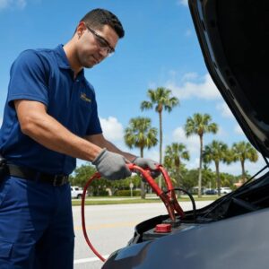 Friendly roadside assistance technician jump starting a car in sunny Homestead, FL