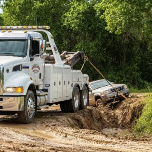 Tow truck using winch service to extract vehicle from mud in Homestead