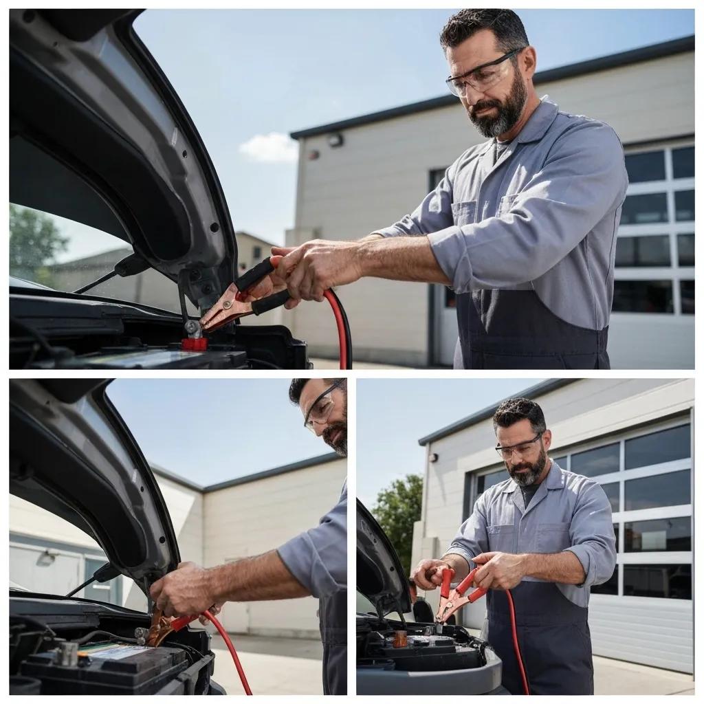 Technician performing a professional jump start on a car battery outdoors