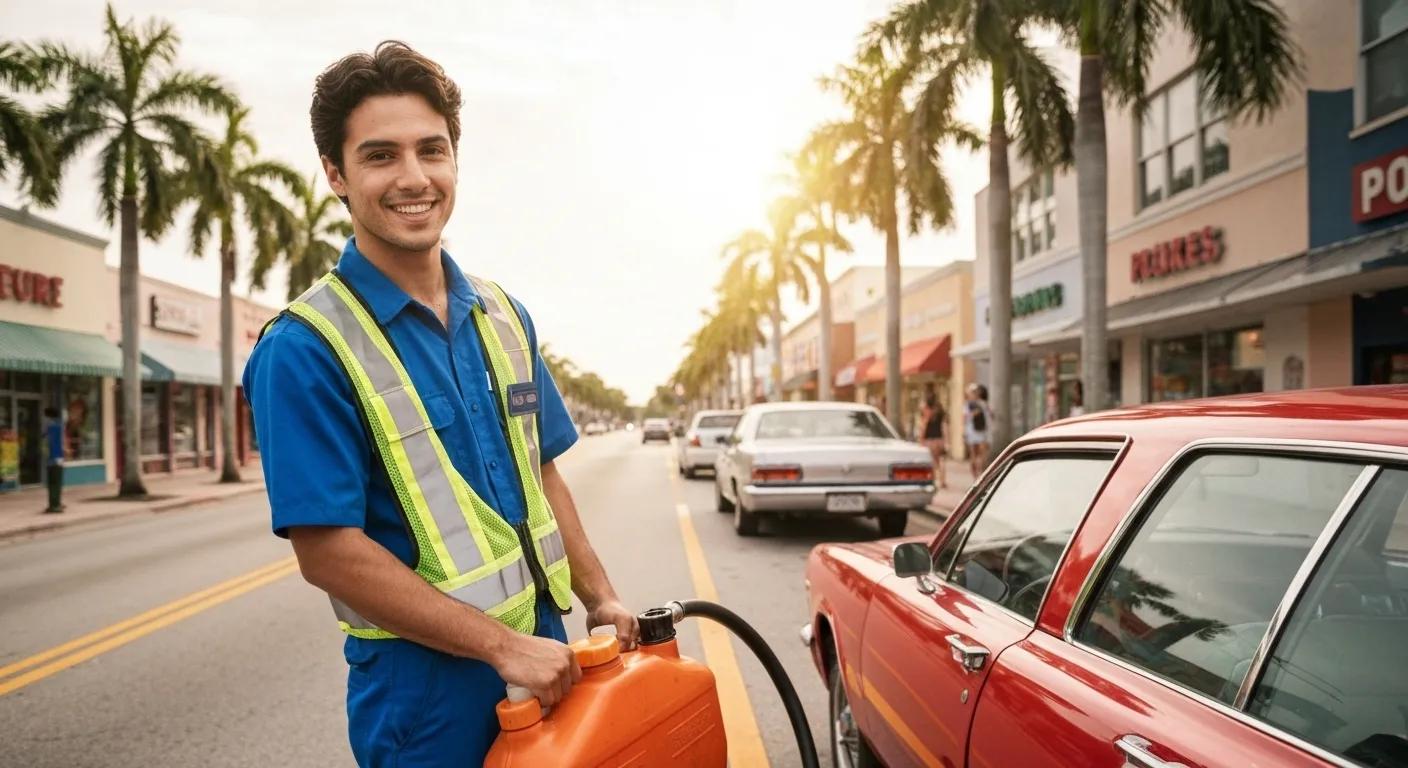 A roadside assistance technician delivering fuel to a stranded vehicle in Homestead, FL.
