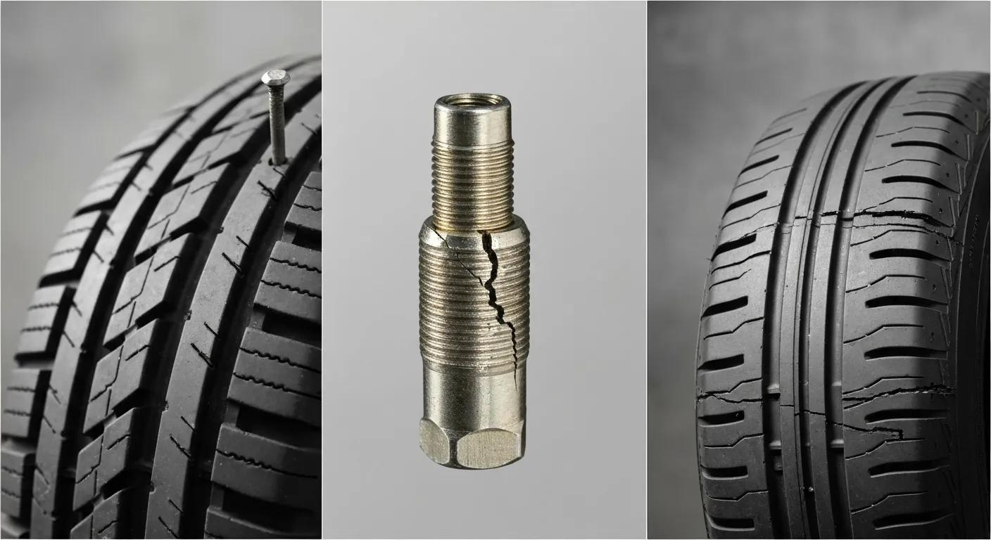A collage showing common tire damage: a nail stuck in the tread, a cracked valve stem, and a visible cut on the tire's sidewall.