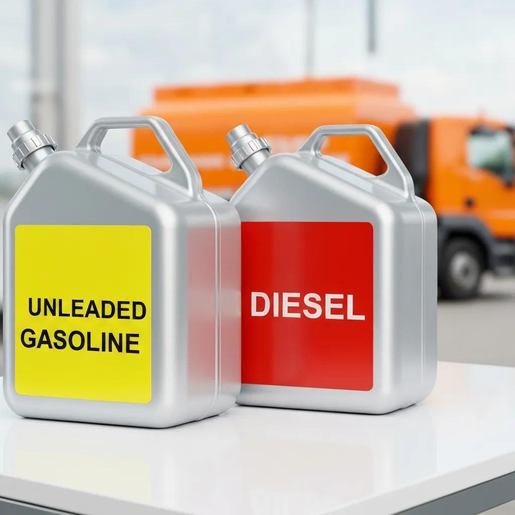 Containers of unleaded gasoline and diesel fuel for delivery