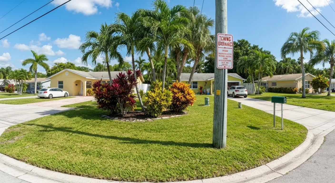 Residential area in Homestead, FL with towing ordinance signage