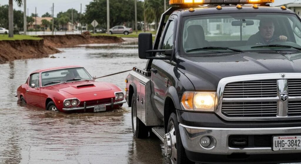 A tow truck carefully extracting a vehicle from a difficult situation in Homestead, FL