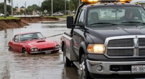 A tow truck carefully extracting a vehicle from a difficult situation in Homestead, FL