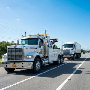 A powerful heavy-duty tow truck expertly handling a commercial vehicle on a Homestead road