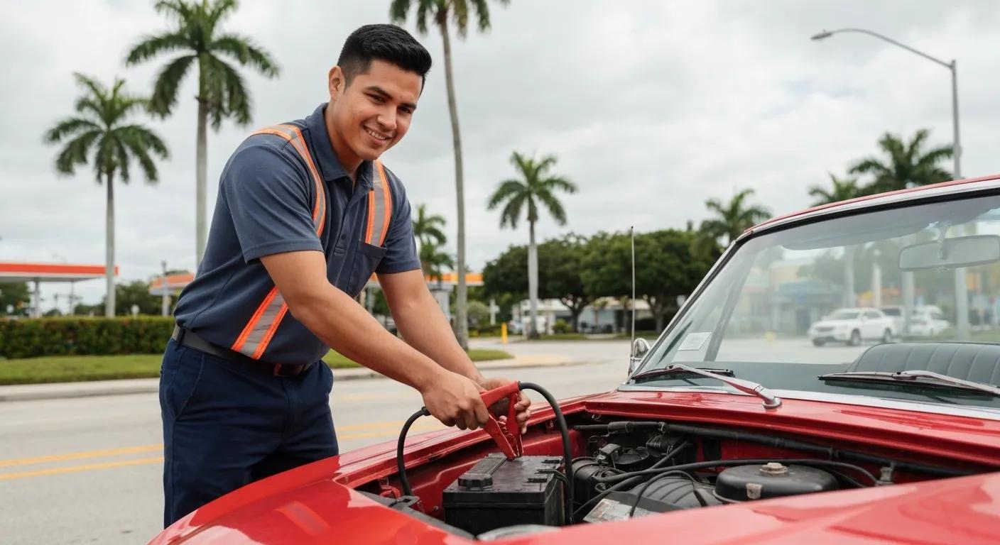 A roadside assistance technician performing a battery jump start on the engine of the car in Homestead, FL.