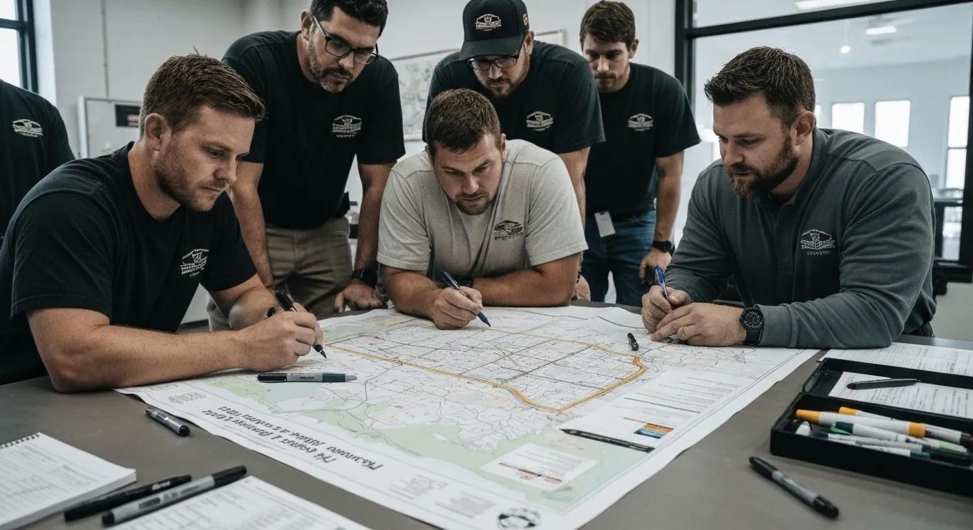 Recovery specialists looking at a map of Homestead, FL, to plan a vehicle recovery operation
