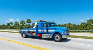 A tow truck equipped with essential safety gear on a Florida road