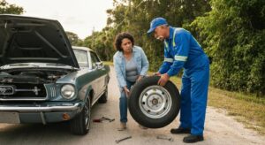 A friendly roadside assistance technician assisting a driver with a flat tire in Homestead, Florida.
