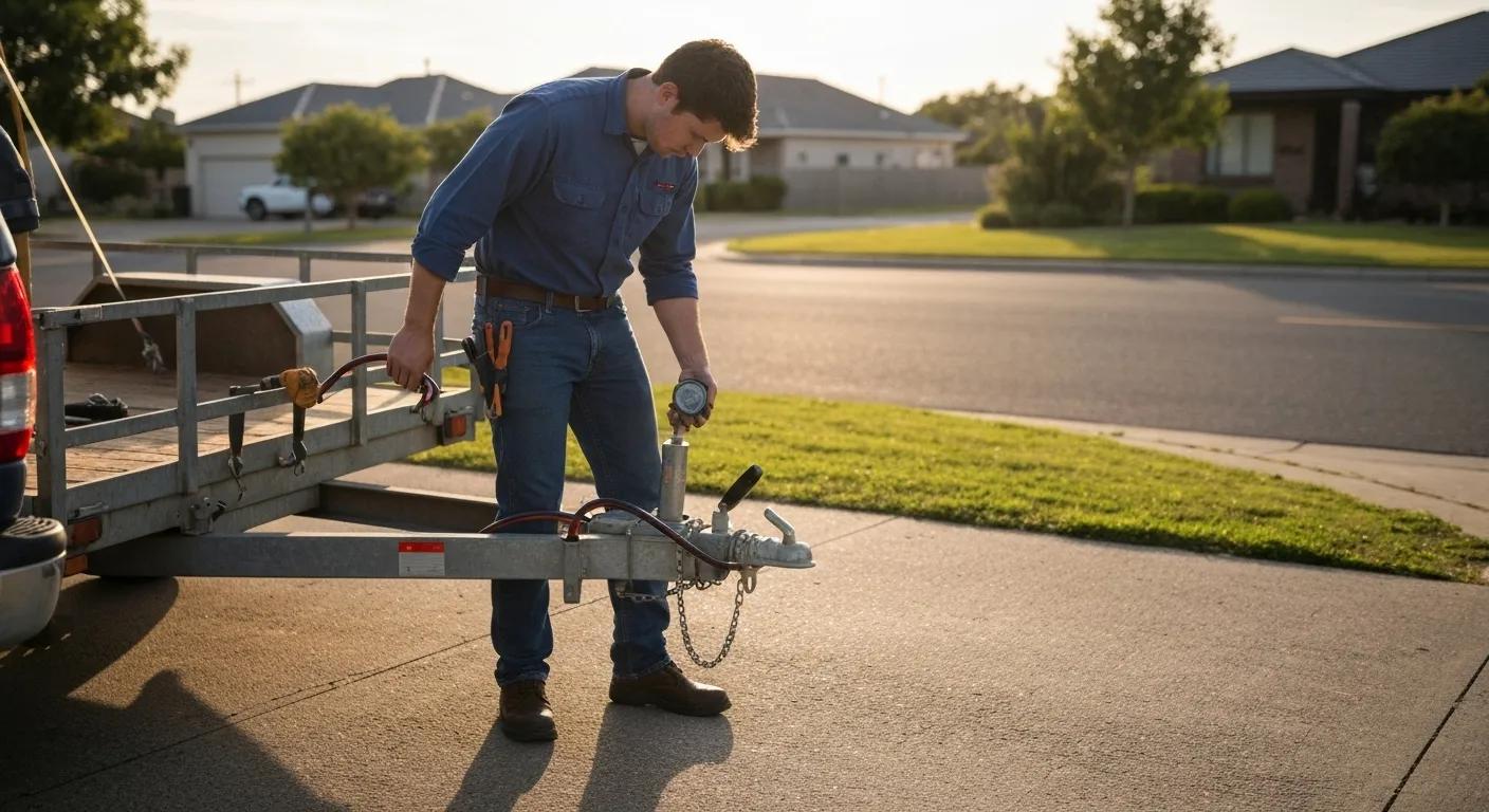 A person conducting a pre-towing safety inspection on a trailer, checking tire pressure and the hitch mechanism