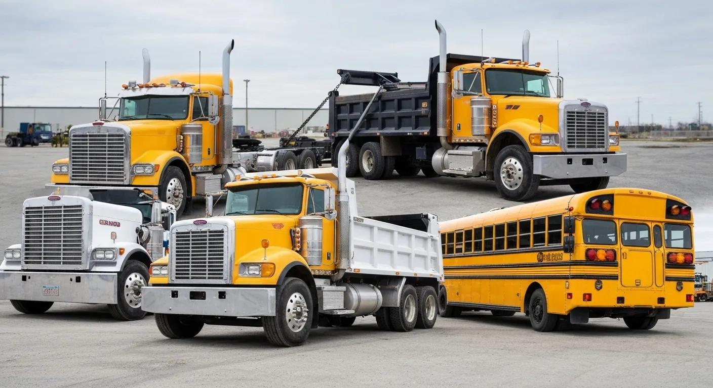 A variety of trucks requiring heavy-duty towing, including a semi-truck, dump truck, and bus
