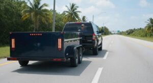 Ensuring safe towing practices with a tow vehicle and trailer on a sunny Homestead, FL road