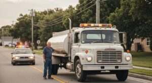 Fuel delivery truck servicing a stranded vehicle on a Homestead roadway