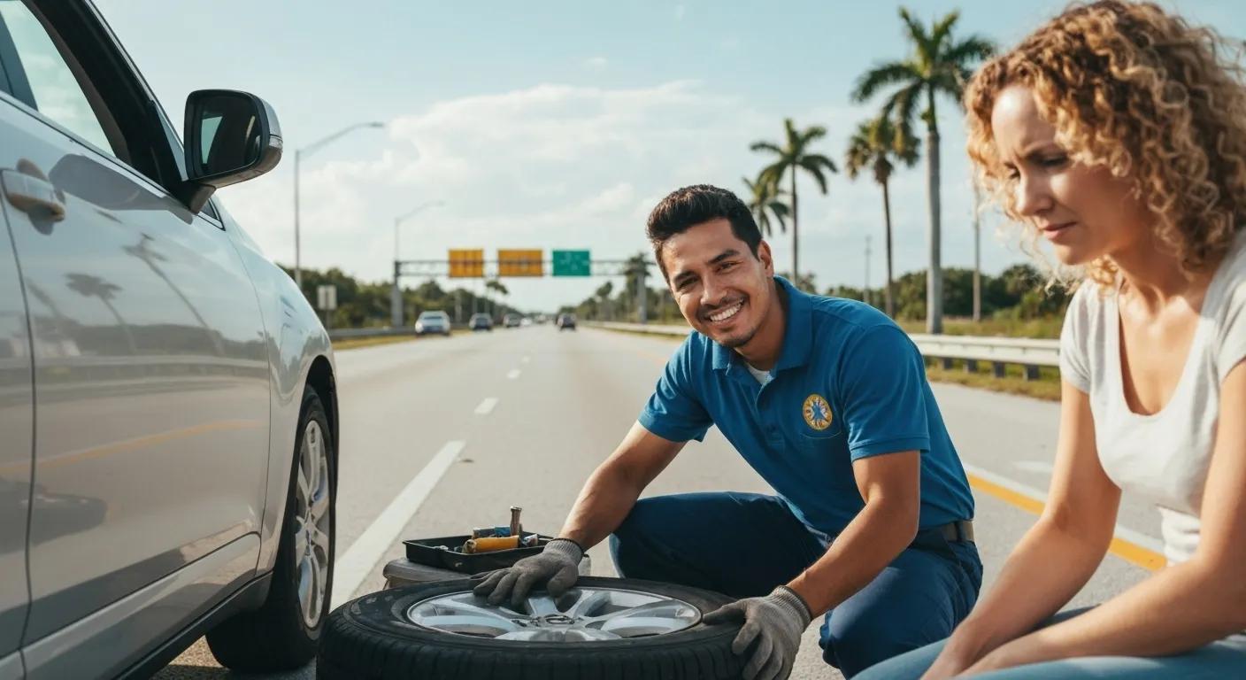 A roadside assistance technician changing a flat tire for a driver in Homestead, FL