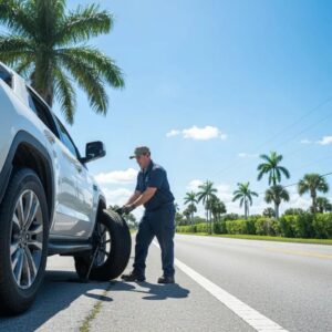 A friendly technician from Towing Homestead is expertly changing a flat tire for a customer on the side of a road in Homestead, Florida.